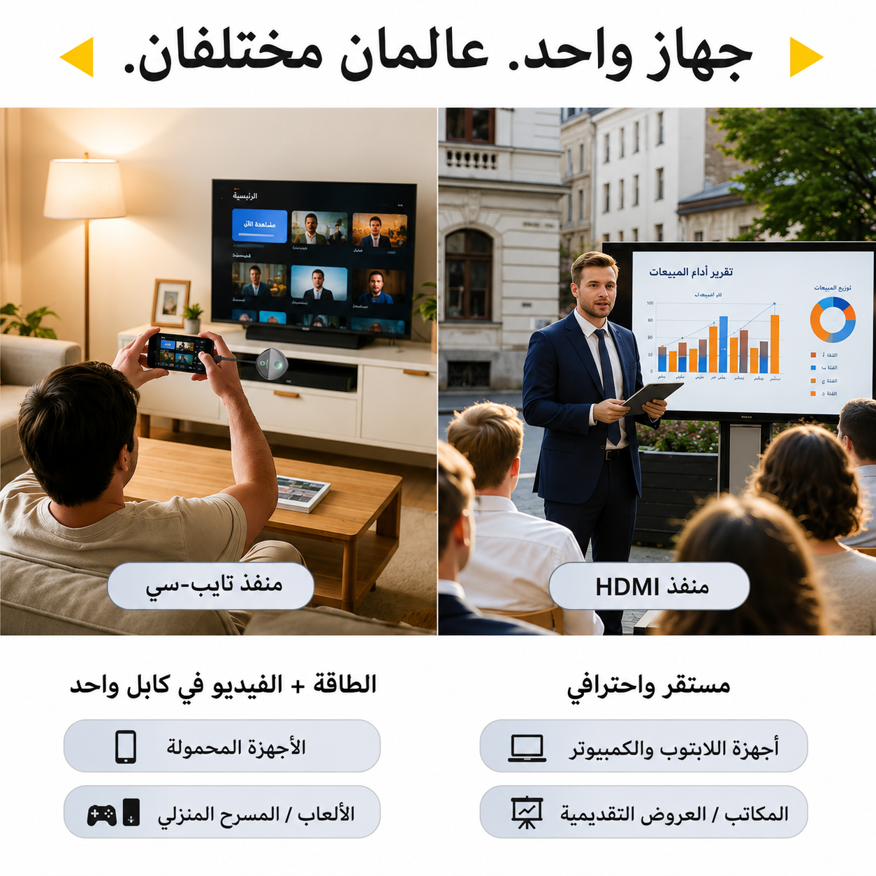 وصّل واعرض فوراً – جهاز مشاركة شاشة لاسلكي HDMI وUSB-C | بدون Wi-Fi أو Bluetooth | توافق واسع مع جميع الأجهزة